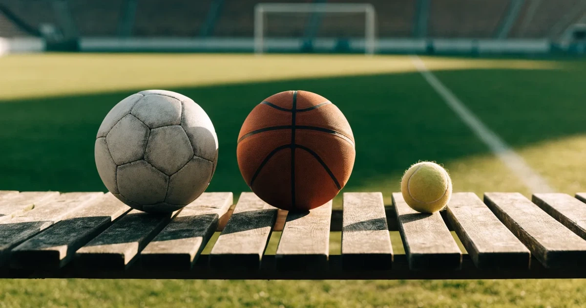 Três bolas de desportos diferentes alinhadas lado a lado num banco de madeira
