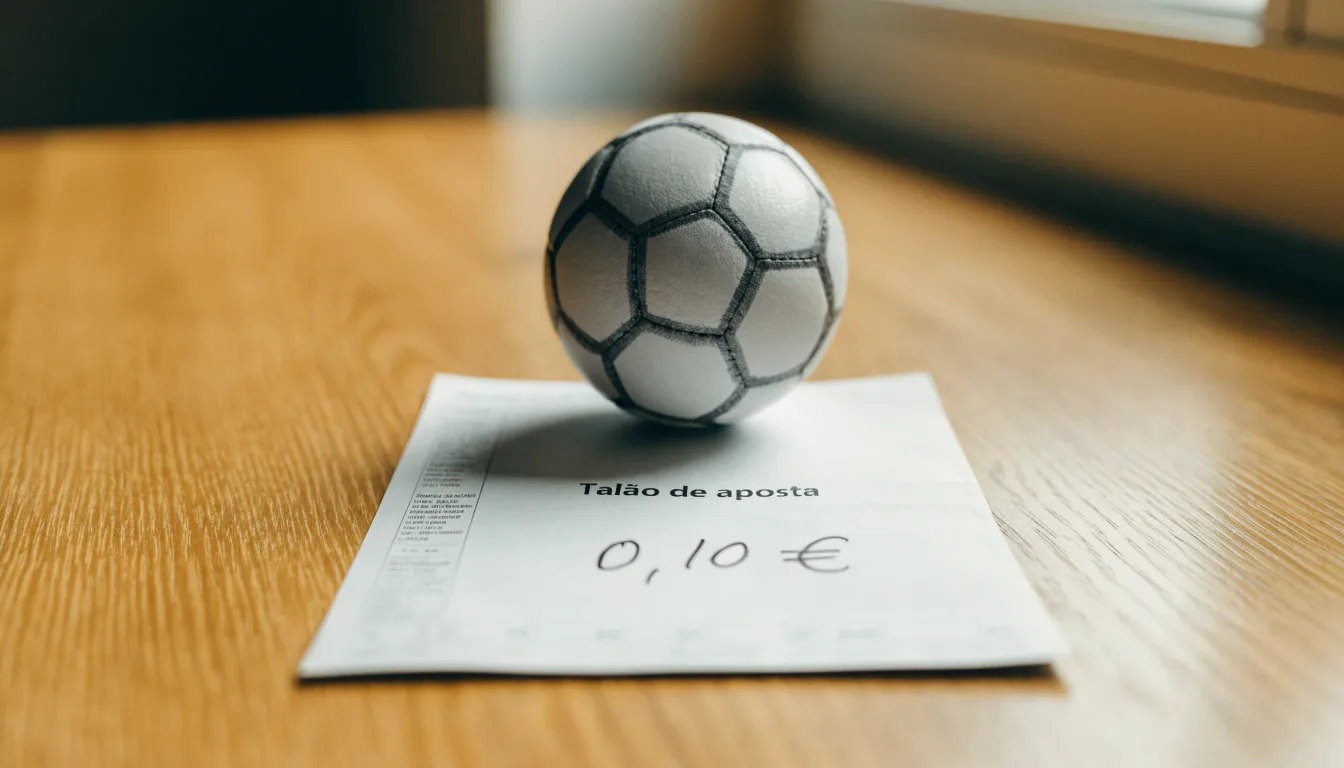 Uma bola de futebol pousada sobre um talão de apostas em branco numa mesa de madeira, à luz do dia