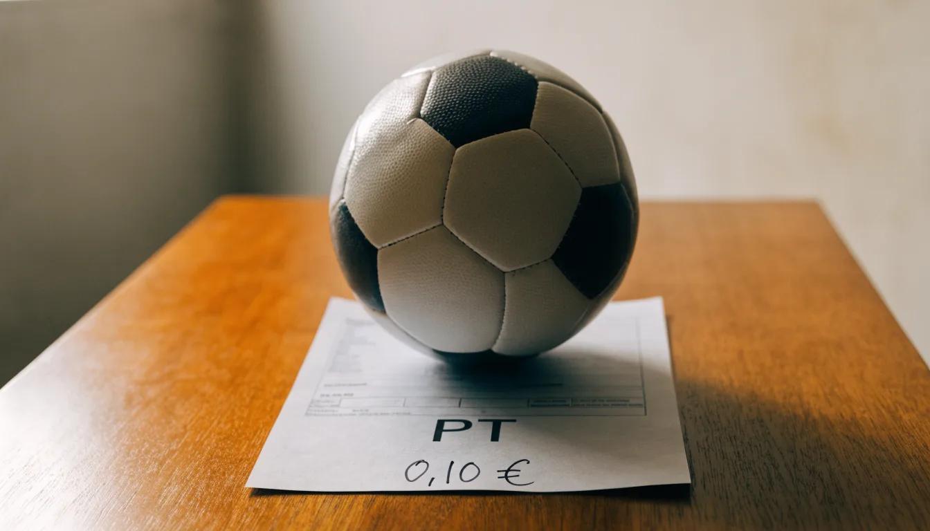 Uma bola de futebol pousada sobre um talão de apostas em branco numa mesa de madeira, à luz do dia