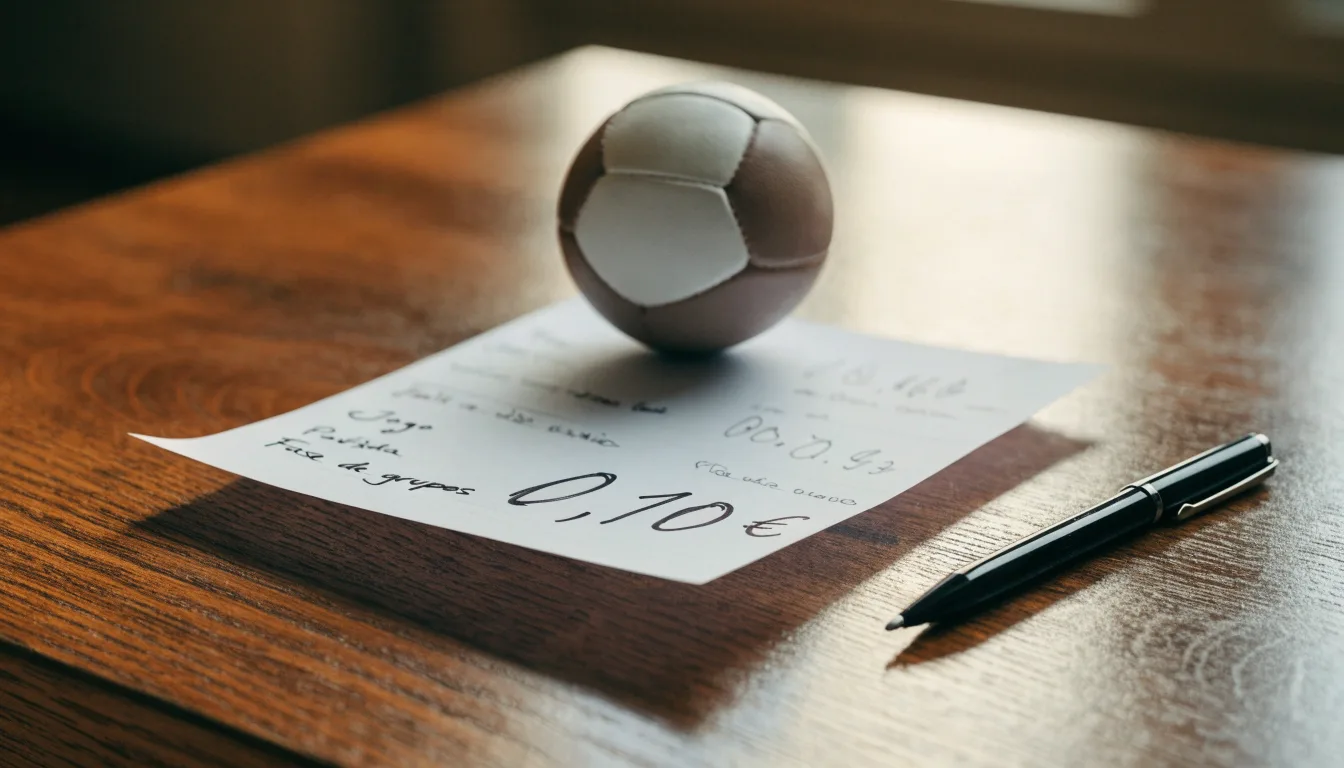 Uma bola de futebol pousada sobre um talão de apostas em branco numa mesa de madeira, à luz do dia