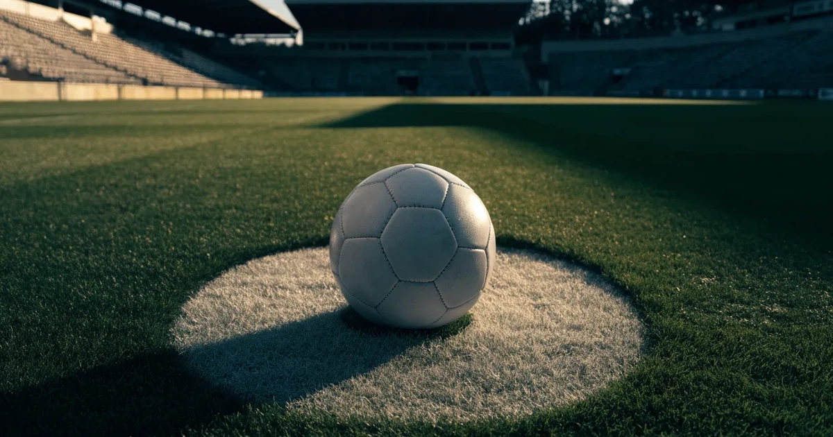 Uma bola de futebol no ponto central de um relvado, à luz da manhã