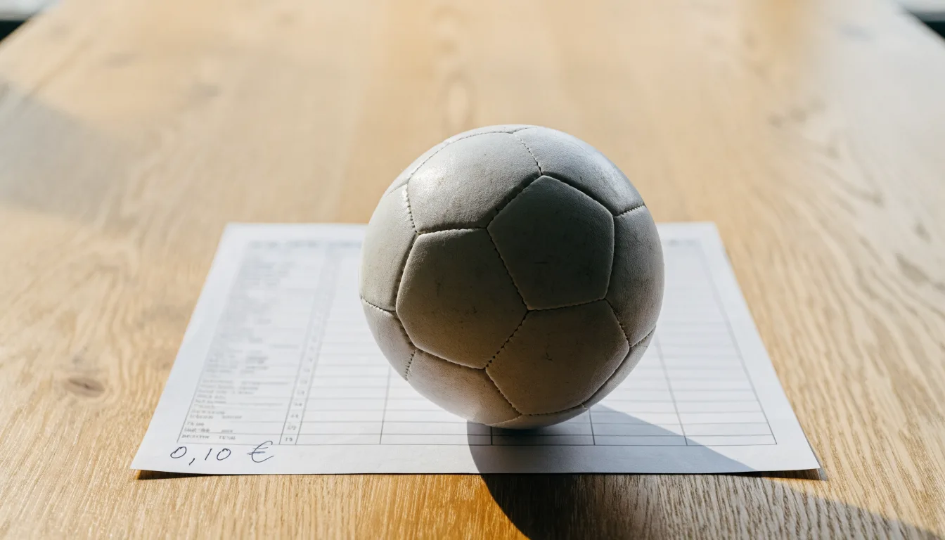 Uma bola de futebol pousada sobre um talão de apostas em branco numa mesa de madeira, à luz do dia
