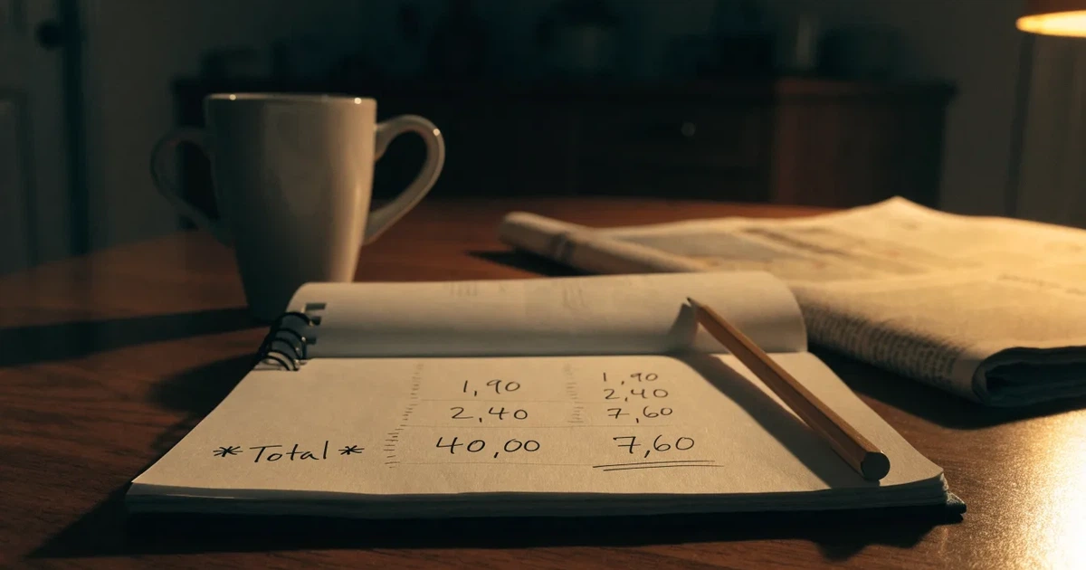 Um caderno aberto com cotas escritas à mão, uma calculadora e um lápis sobre uma mesa de madeira