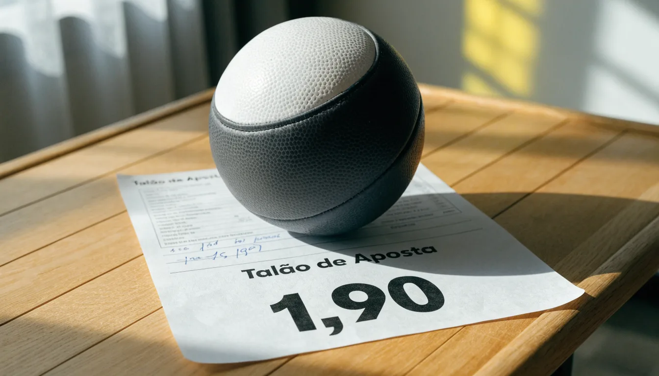 Uma bola de futebol pousada sobre um talão de apostas em branco numa mesa de madeira, à luz do dia