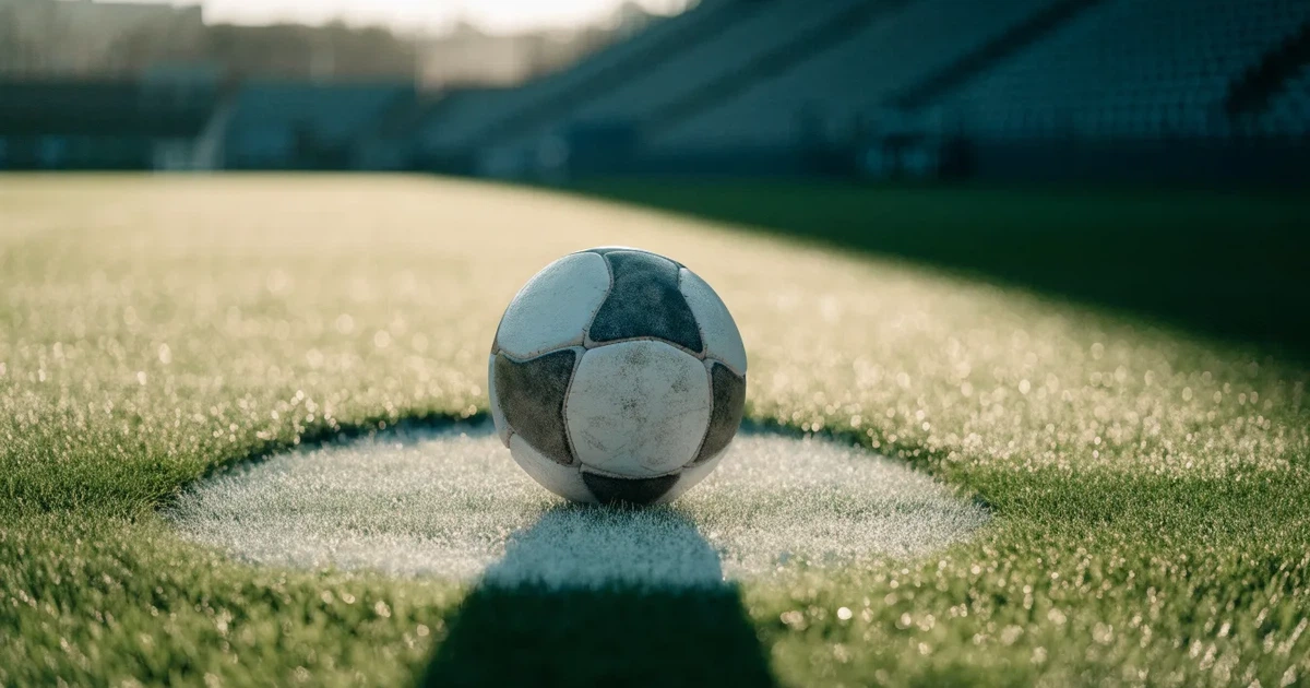 Uma bola de futebol no ponto central de um relvado, à luz da manhã
