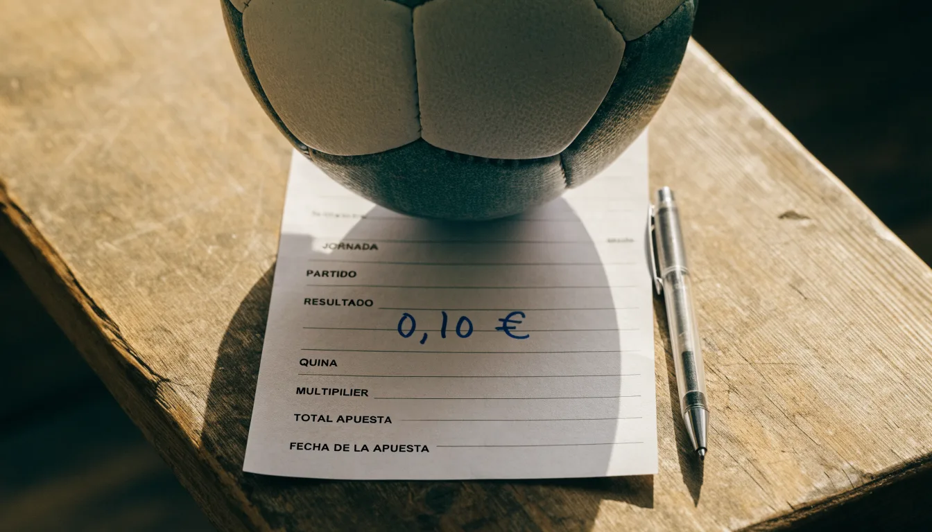 Uma bola de futebol pousada sobre um talão de apostas em branco numa mesa de madeira, à luz do dia