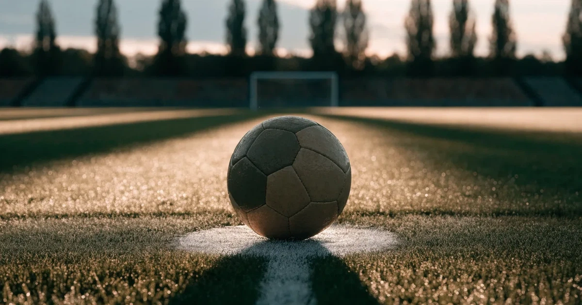 Uma bola de futebol no ponto central de um relvado, à luz da manhã