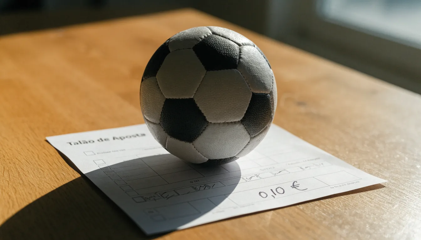 Uma bola de futebol pousada sobre um talão de apostas em branco numa mesa de madeira, à luz do dia