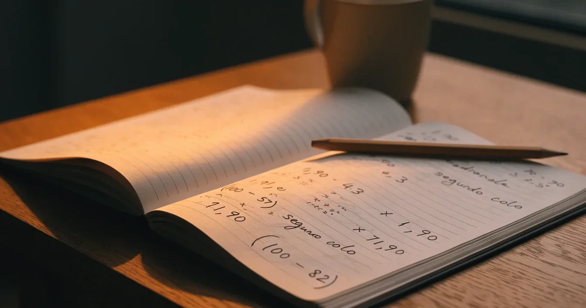 Um caderno aberto com cotas escritas à mão, uma calculadora e um lápis sobre uma mesa de madeira