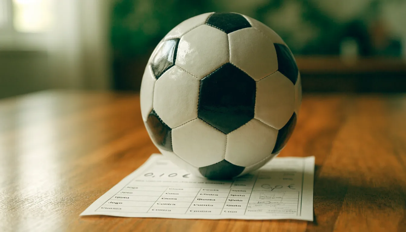 Uma bola de futebol pousada sobre um talão de apostas em branco numa mesa de madeira, à luz do dia