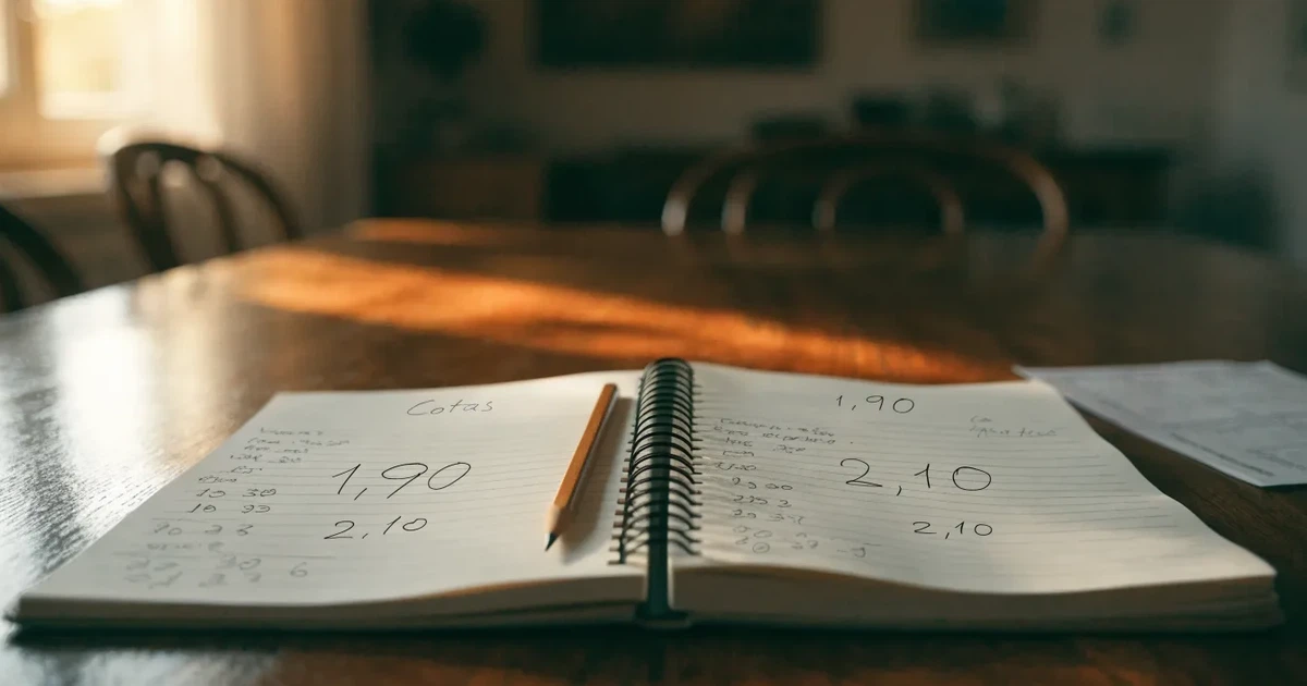Um caderno aberto com cotas escritas à mão, uma calculadora e um lápis sobre uma mesa de madeira