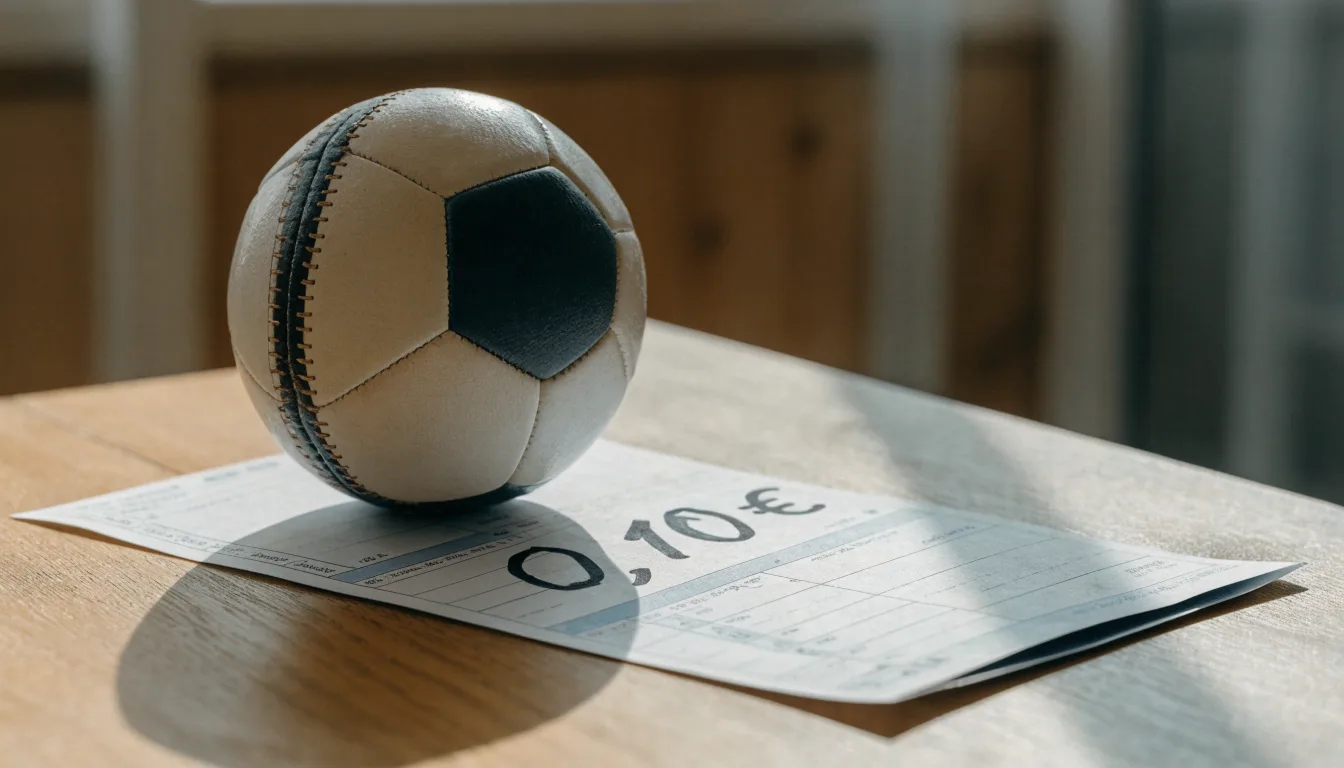 Uma bola de futebol pousada sobre um talão de apostas em branco numa mesa de madeira, à luz do dia