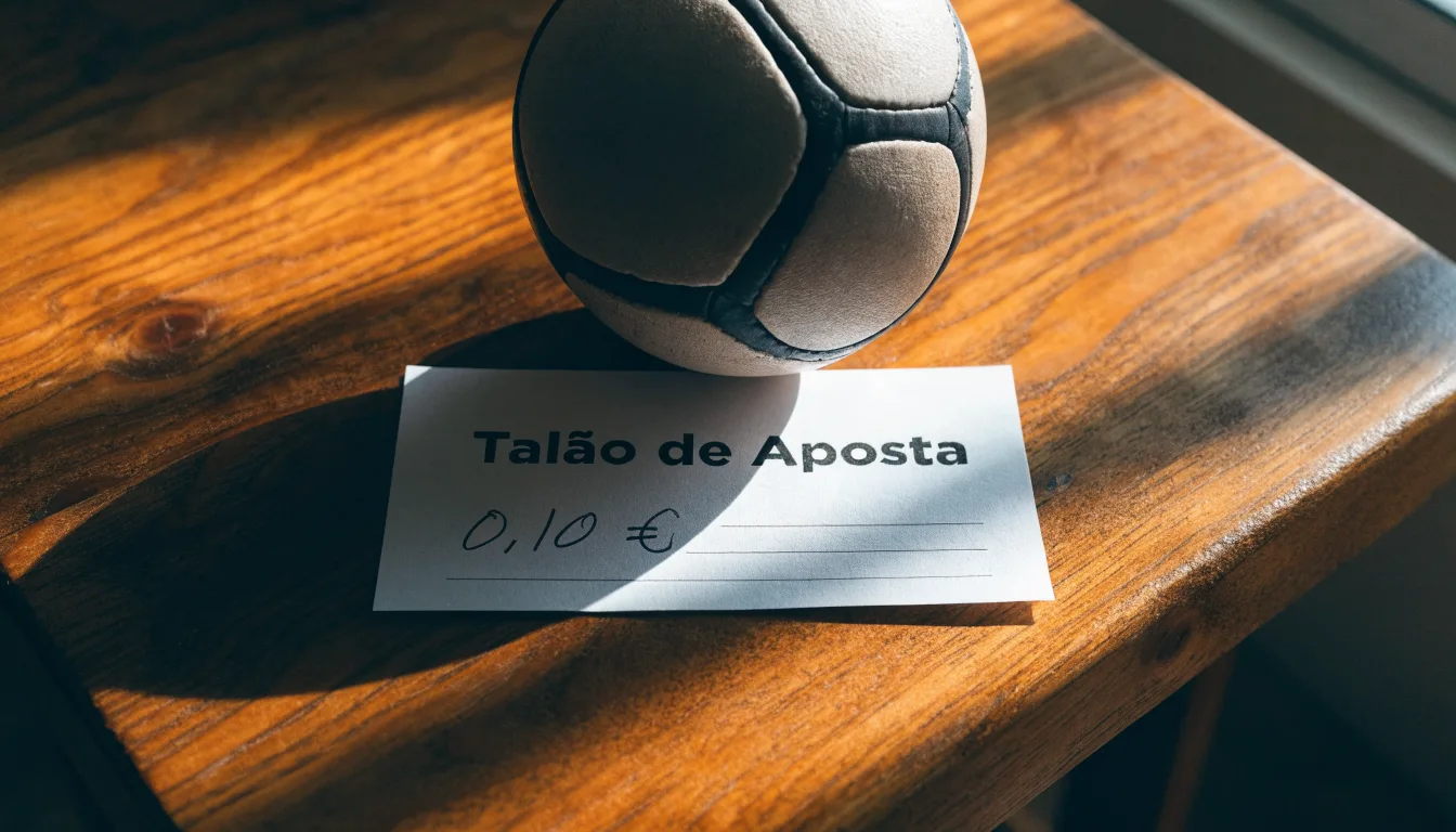 Uma bola de futebol pousada sobre um talão de apostas em branco numa mesa de madeira, à luz do dia