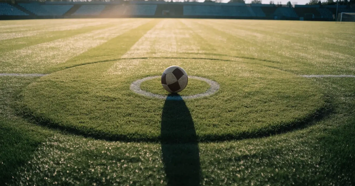 Uma bola de futebol no ponto central de um relvado, à luz da manhã