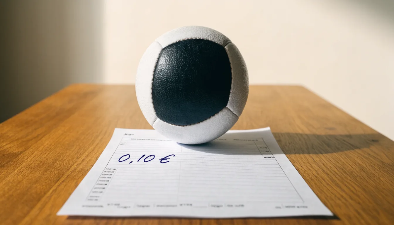 Uma bola de futebol pousada sobre um talão de apostas em branco numa mesa de madeira, à luz do dia