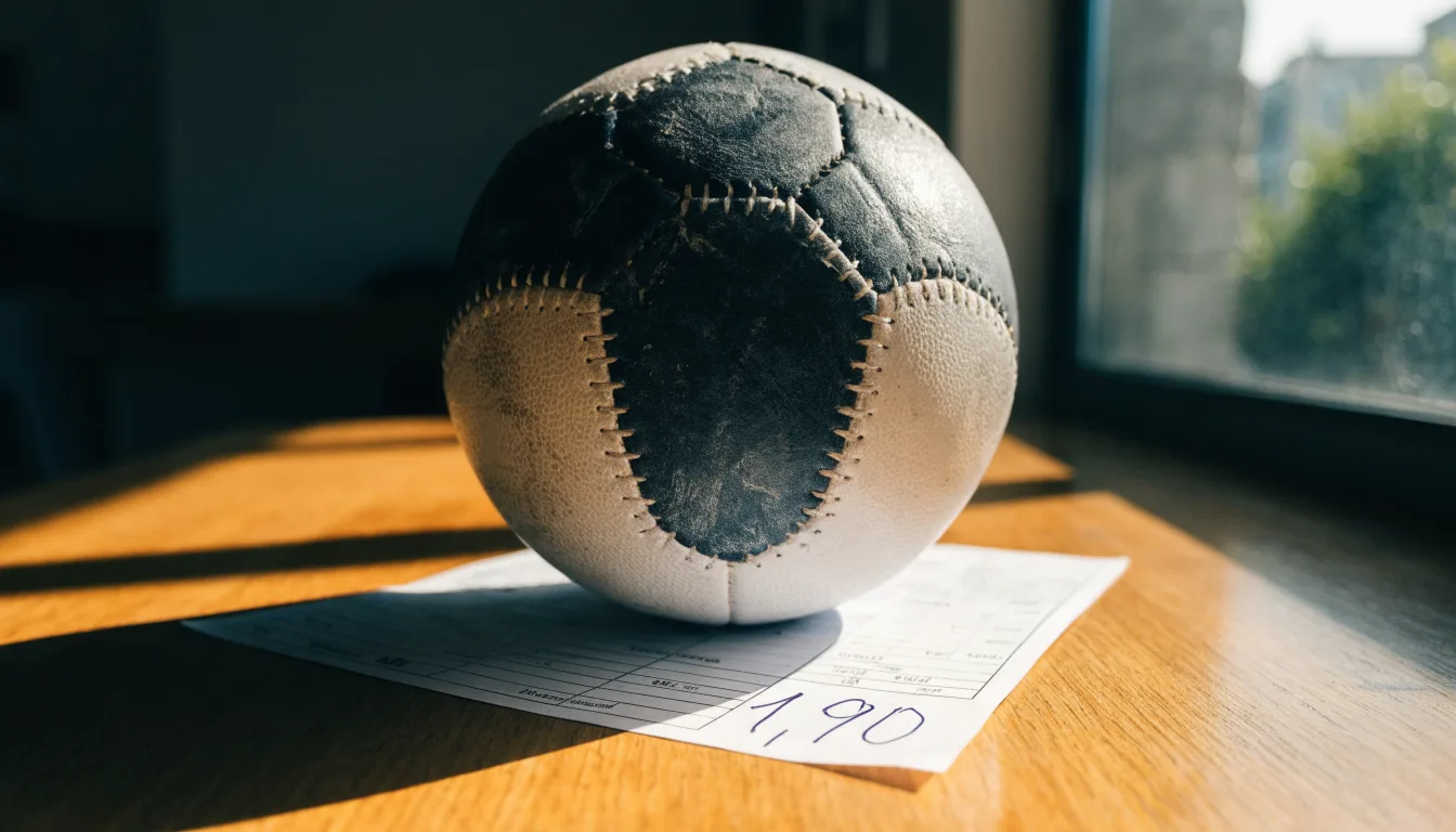 Uma bola de futebol pousada sobre um talão de apostas em branco numa mesa de madeira, à luz do dia