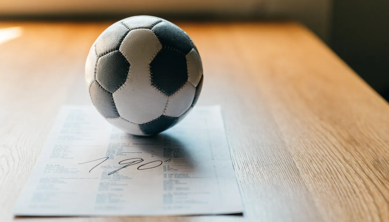 Uma bola de futebol pousada sobre um talão de apostas em branco numa mesa de madeira, à luz do dia