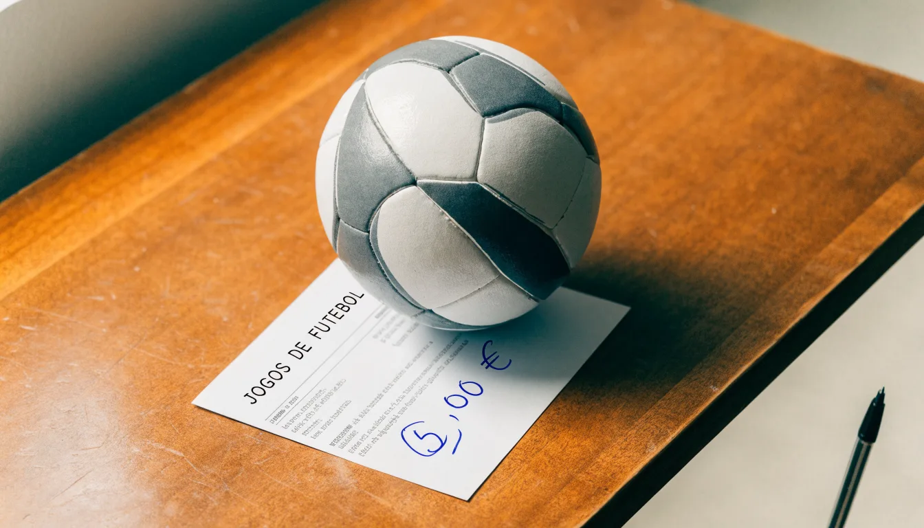 Uma bola de futebol pousada sobre um talão de apostas em branco numa mesa de madeira, à luz do dia