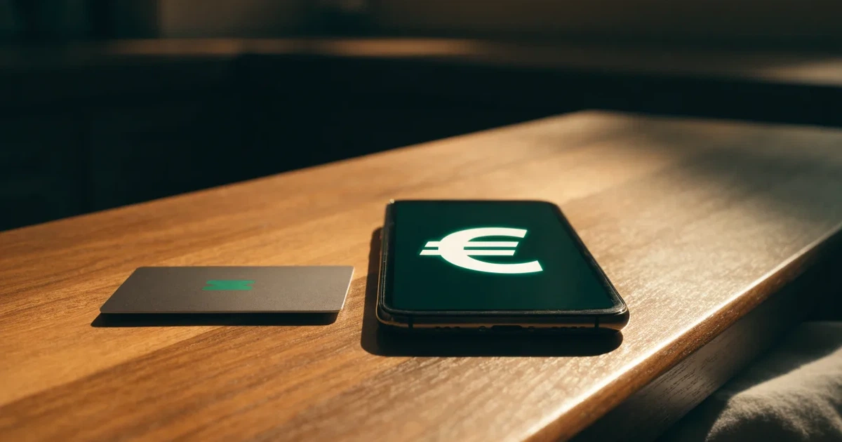 Um telemóvel e um cartão bancário lado a lado numa mesa de madeira, com algumas notas de euro ao lado