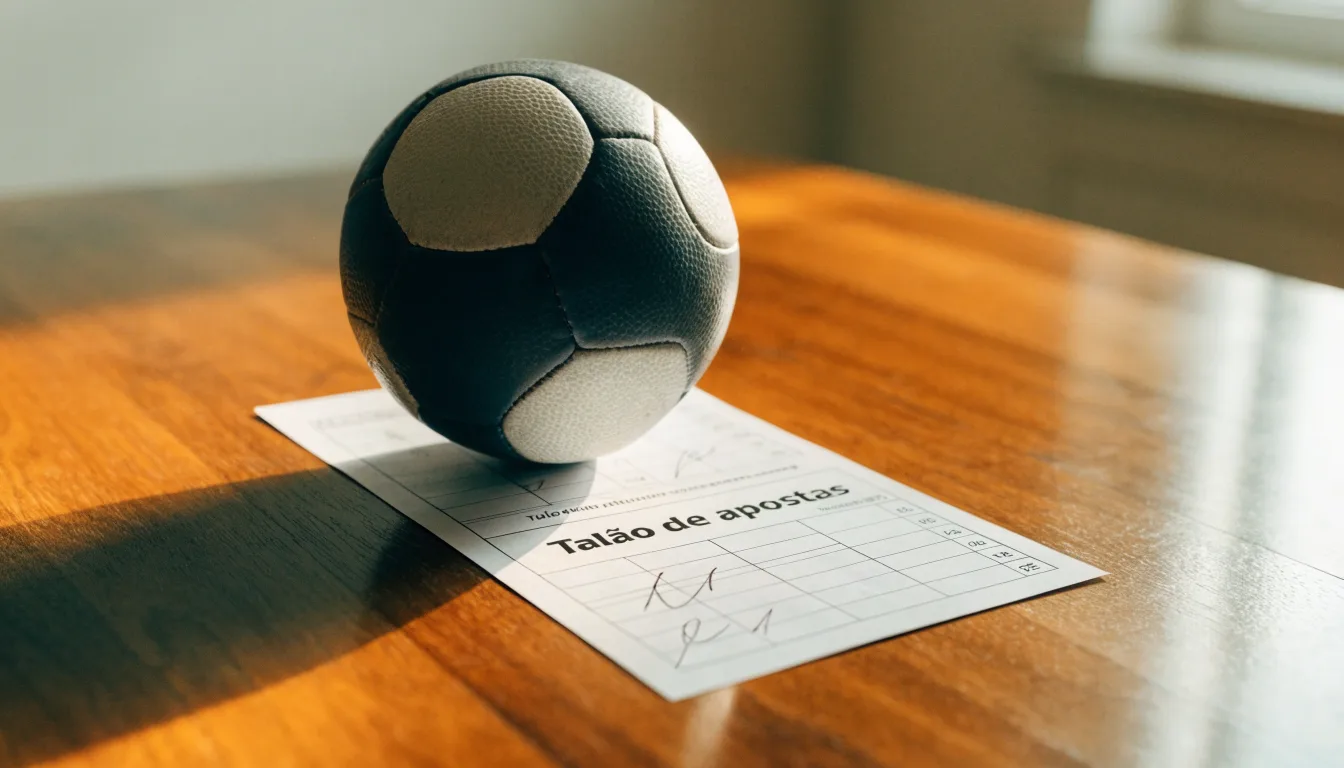 Uma bola de futebol pousada sobre um talão de apostas em branco numa mesa de madeira, à luz do dia